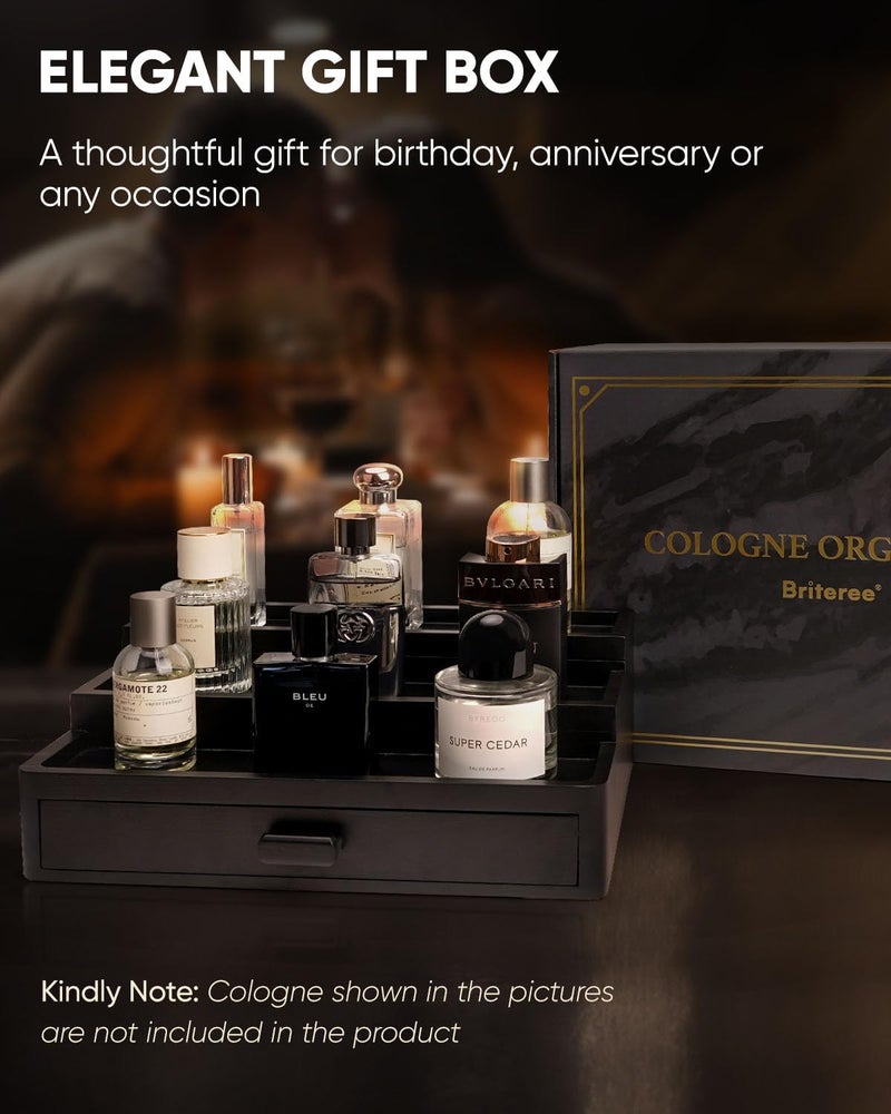 BRITEREE Cologne Organizer for Men, 3 Tier Wooden Cologne Stand with Drawer Storage and Hidden Compartment, Perfume Display Holder for Dresser, Great Gifts for Men and Women Christmas, Black - Image 3